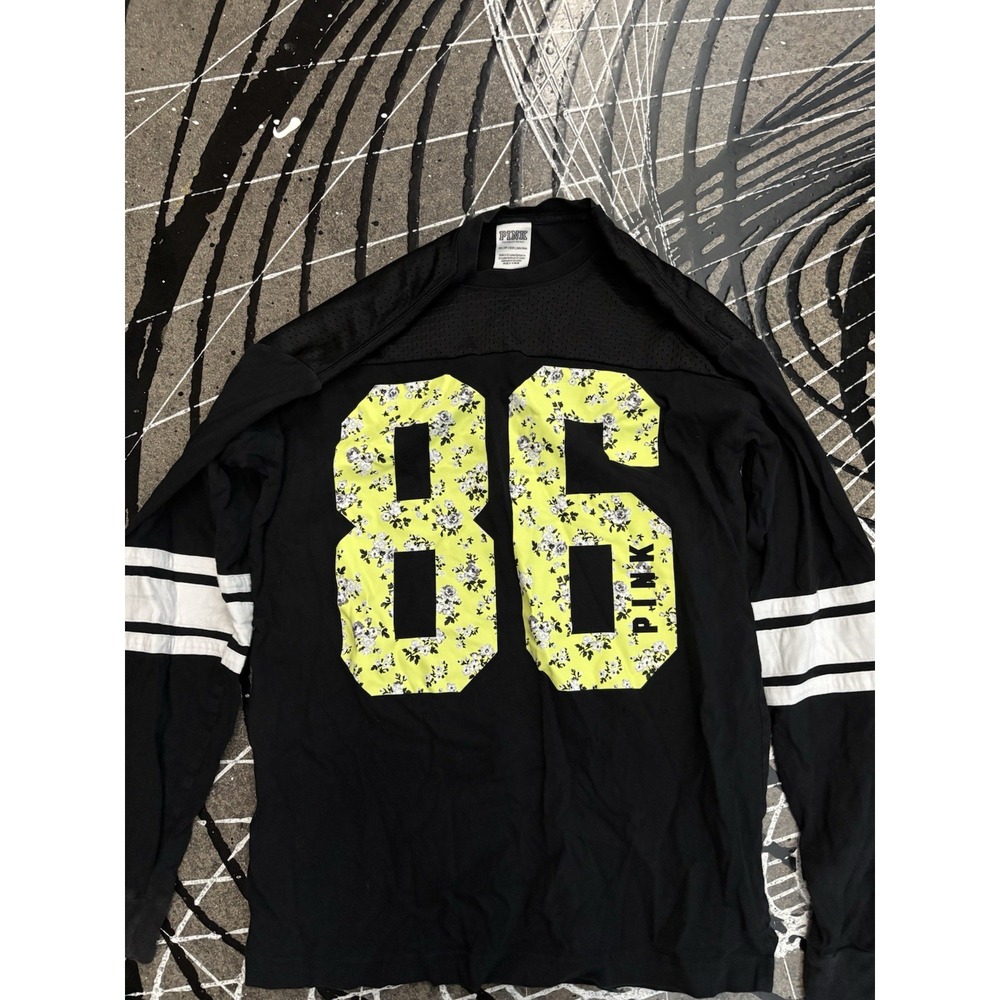 Victoria's Secret Pink Campus Mesh Tee Shirt Black‎ Floral Neon Citrus Logo XS
